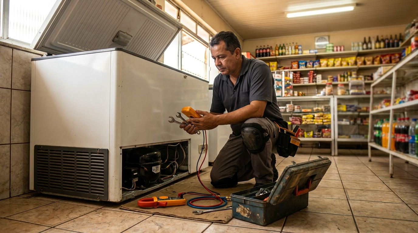 Técnico realizando manutenção de motor de freezer em Volta Redonda‑RJ