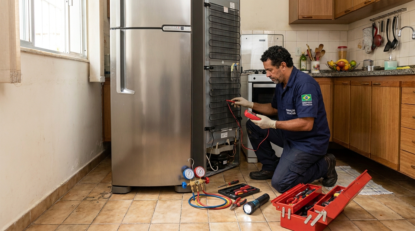 Técnico realizando manutenção de motor de geladeira em Volta Redonda‑RJ