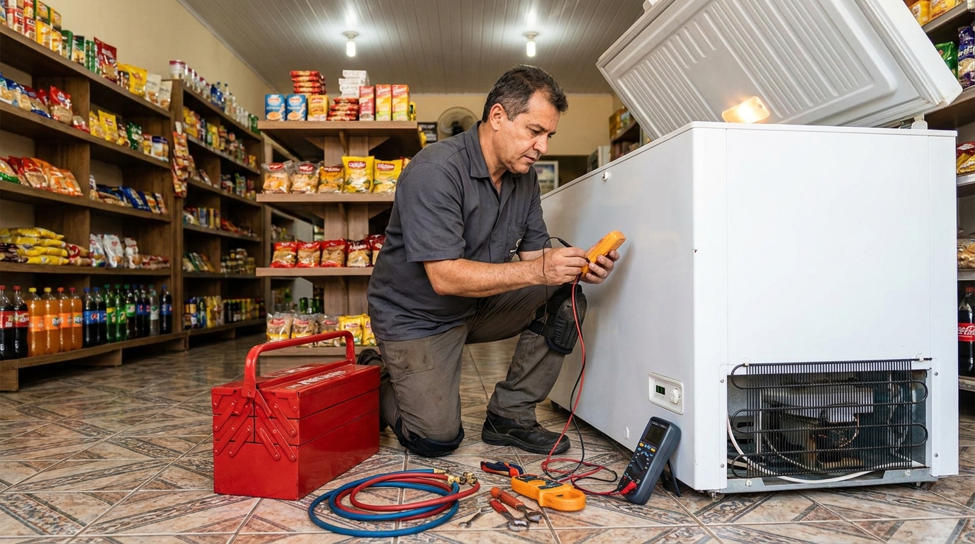 Recarga de gás refrigerante em freezer em atendimento em Volta Redonda‑RJ